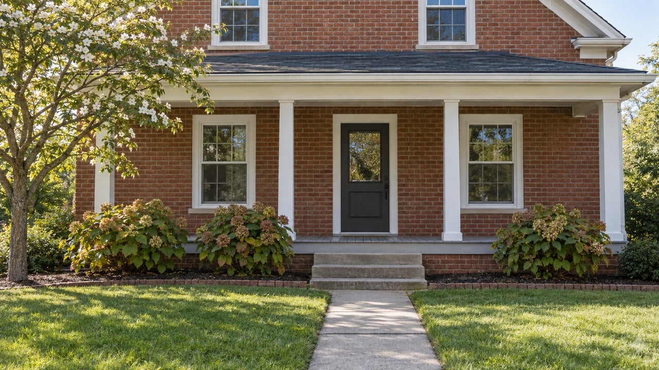 A modest red-brick house with a white covered porch, charcoal front door, and deep lawn in clear morning light.