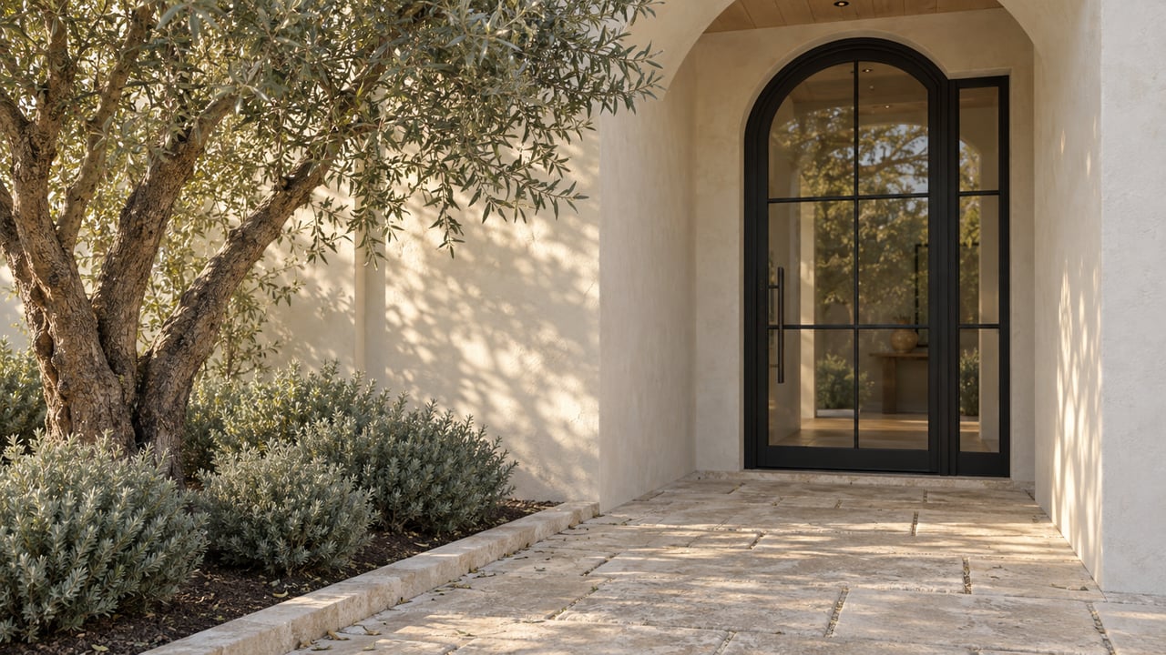 Arched black-framed glass entry door in cream stucco, reached by pale limestone slabs beside an olive tree.