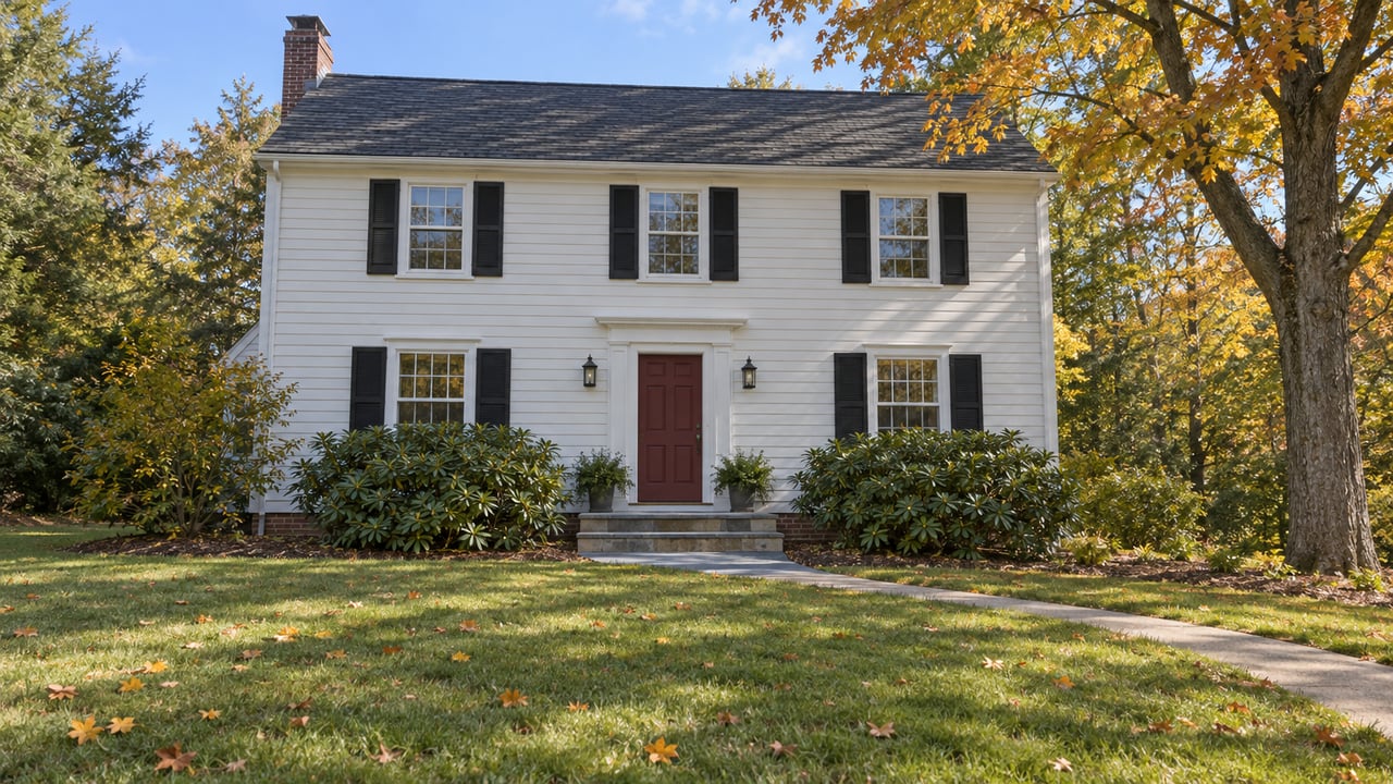 Traditional white-sided two-story home with dark shutters, a burgundy entry door and an autumn lawn beneath a mature amber-leaved maple.