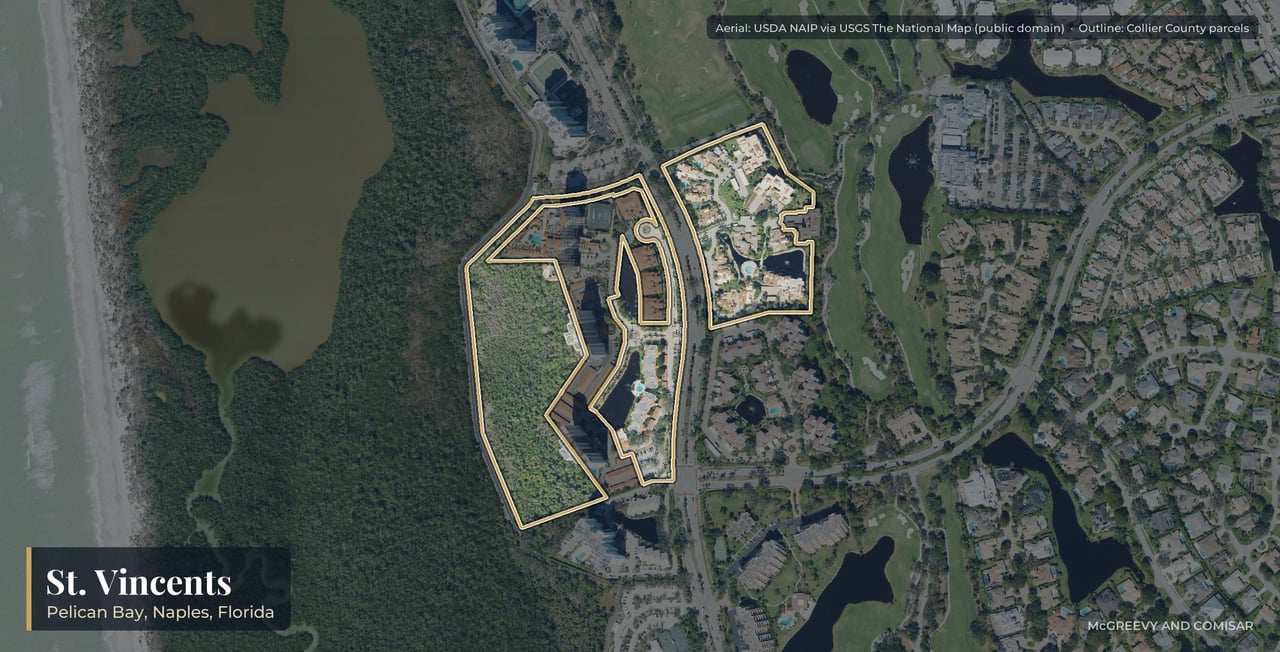 Aerial view of St. Vincents at Pelican Bay, Naples, Florida, with its parcels outlined