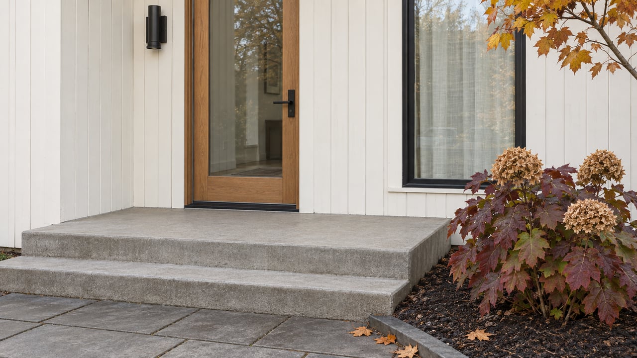 Oak-and-glass front door beside a tall black-framed window, with concrete steps and burgundy oakleaf hydrangea.