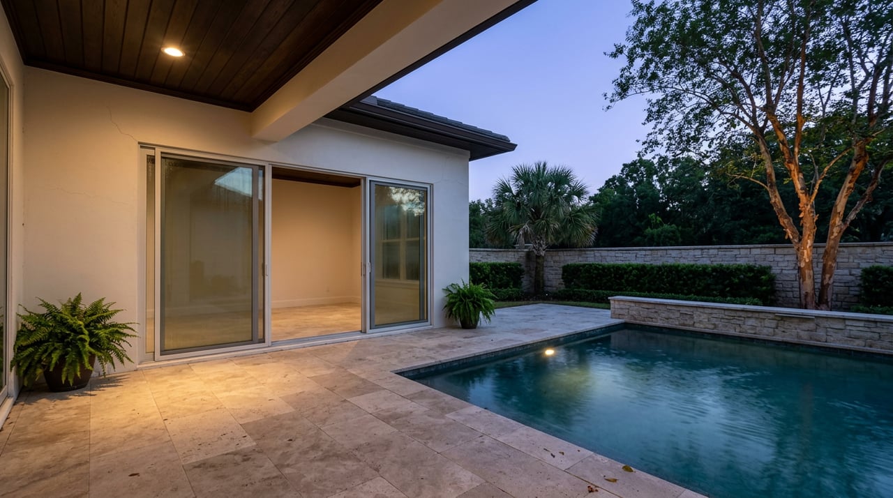 Dark teal pool beneath a loggia, with sliding glass doors, a stone boundary wall, and trees against the dusk sky.