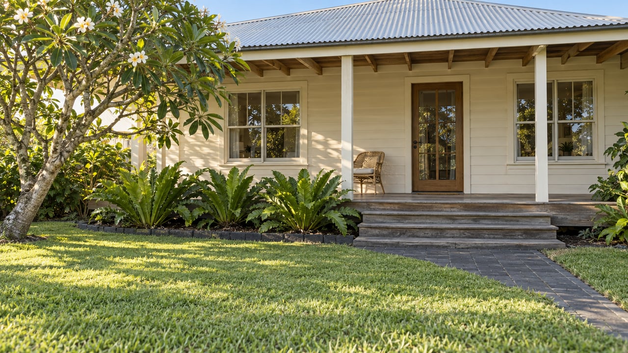 A cream timber home with a deep covered porch, basalt approach and open lawn in morning light, beside a flowering plumeria tree.