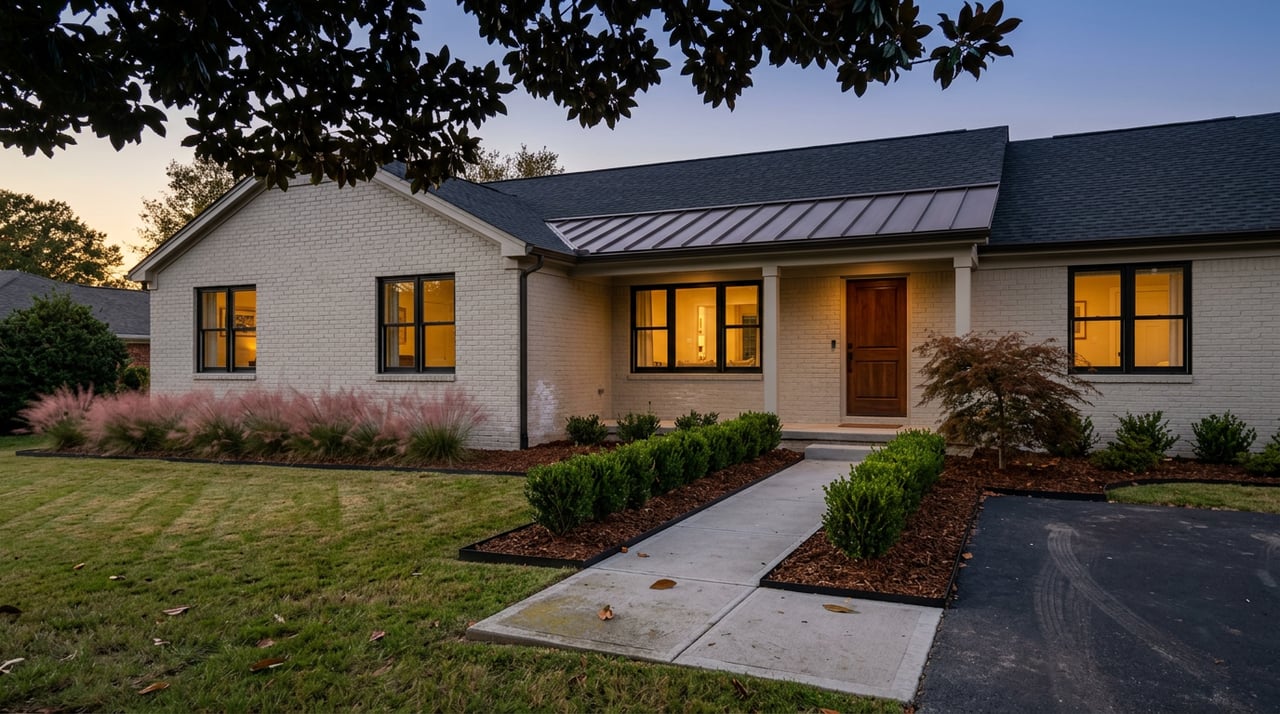 Two-story greige-brick home with glowing windows, portico roof, magnolia canopy, and landscaped lawn.