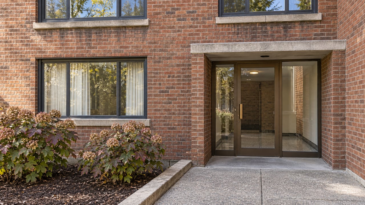 Warm brick apartment entrance with bronze-framed glass door, limestone trim, worn concrete approach and burgundy oakleaf hydrangeas.