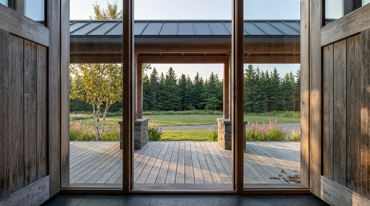 Open doorway frames a weathered cedar porch, wildflower-edged lawn, paper birch, and dense spruce trees.