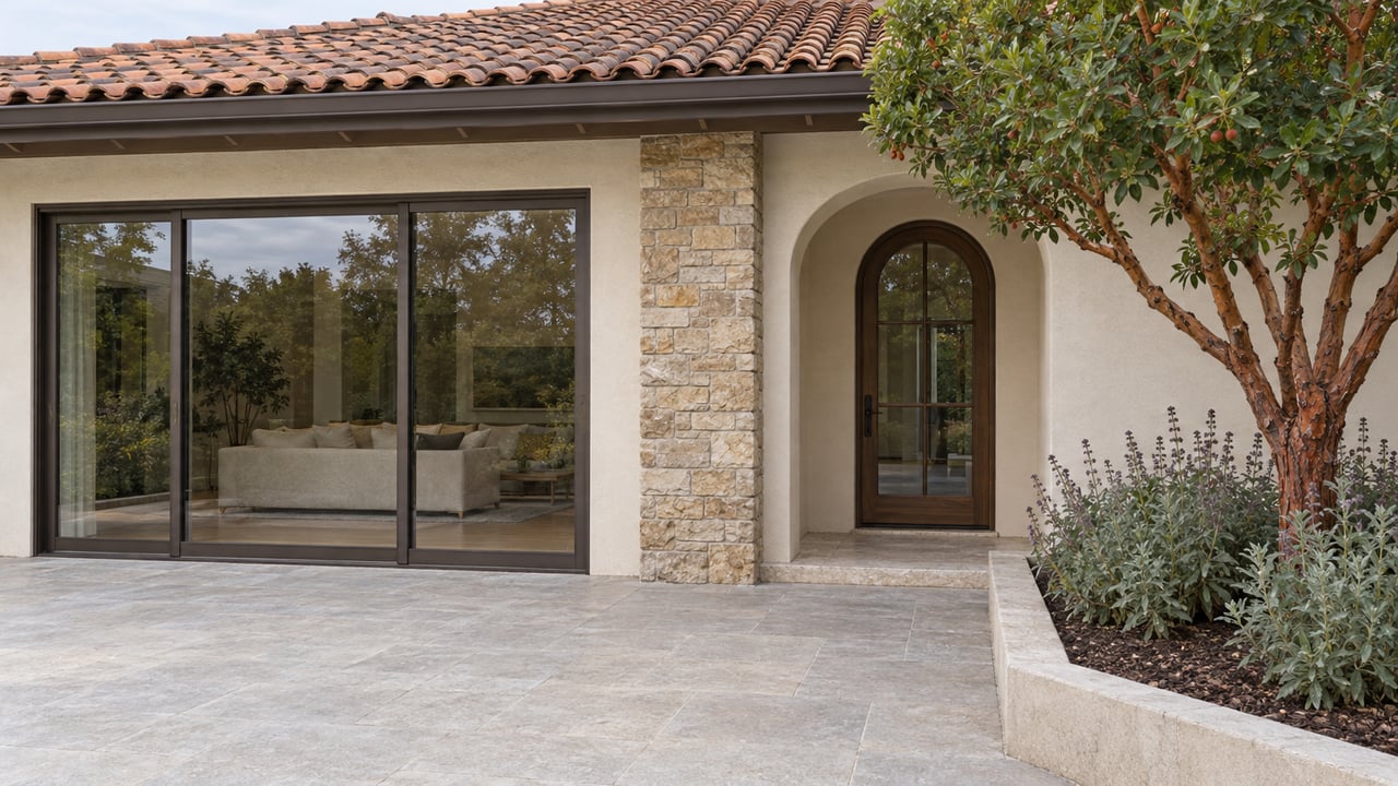 Light stucco home with clay roof tiles, bronze-framed glass doors and a limestone garden terrace beside a branching strawberry tree.