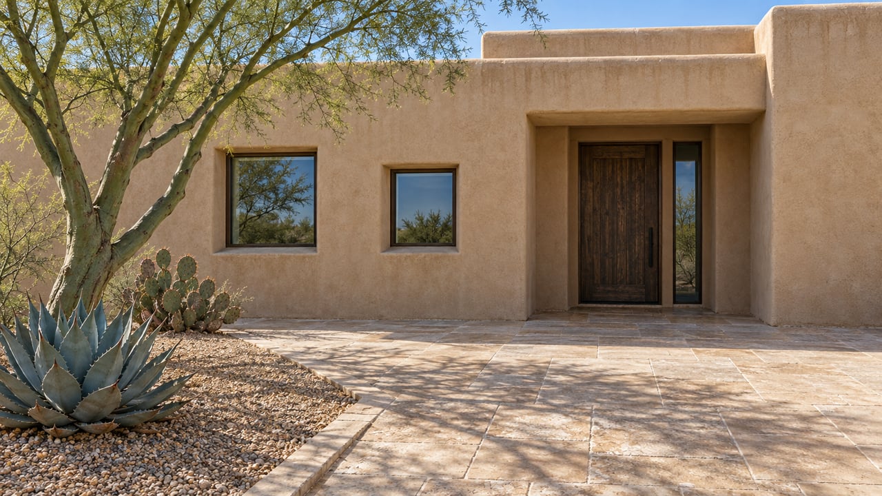 Sand-colored stucco home with a recessed oak entrance, bronze-framed windows, limestone approach and sculptural desert planting in clear morning light.