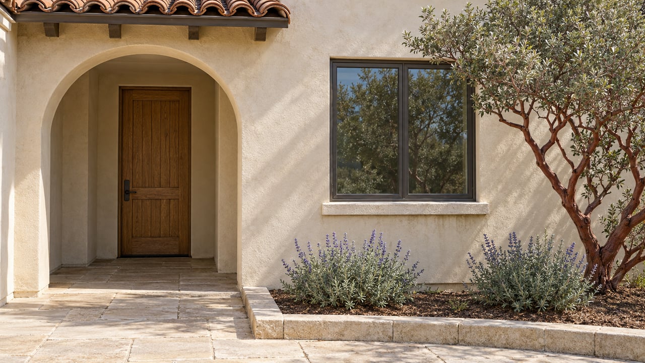 Ivory stucco home with a clay-tile eave, arched oak entry, broad bronze-framed window and sculptural manzanita beside a limestone path.