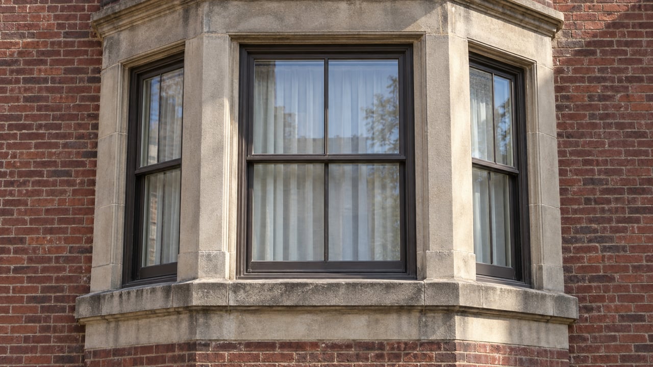Close view of a red-brick condominium facade with weathered sandstone trim and three closed sash windows in a projecting bay.