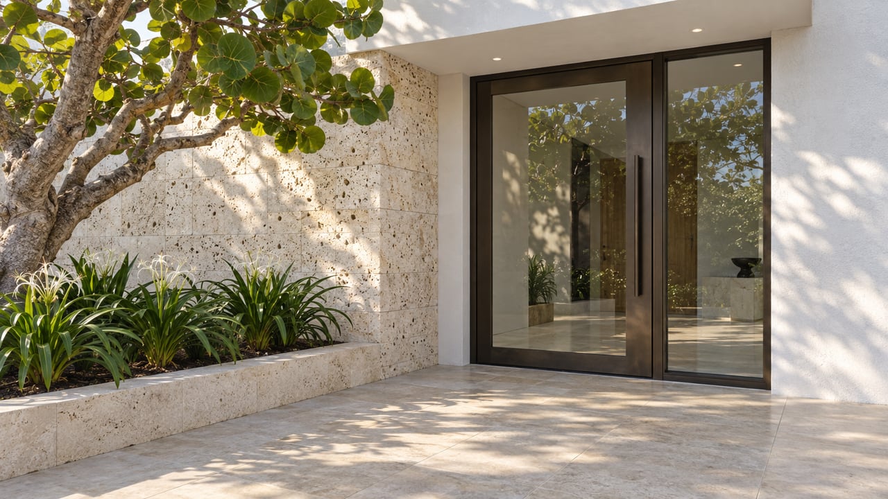 Modern villa entrance with a bronze-framed glass door, coral-stone wall, and sea grape casting shadows.