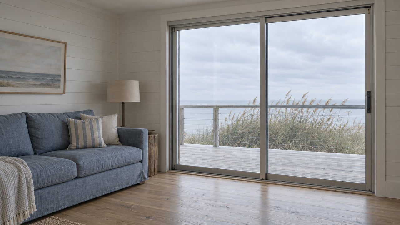 Living room with a blue-gray sofa beside glazed sliding doors opening onto a timber deck with beach grass.