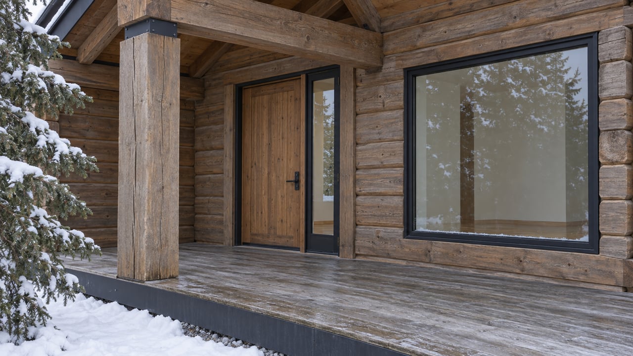 Snow borders a weathered timber entry landing beside a closed wood door and black-framed window under a heavy-beam porch.