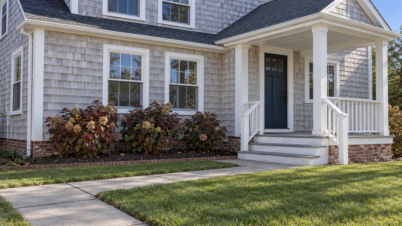 Silver-gray shingled home with a raised white porch, deep green front lawn and burgundy oakleaf hydrangeas in autumn sunlight.