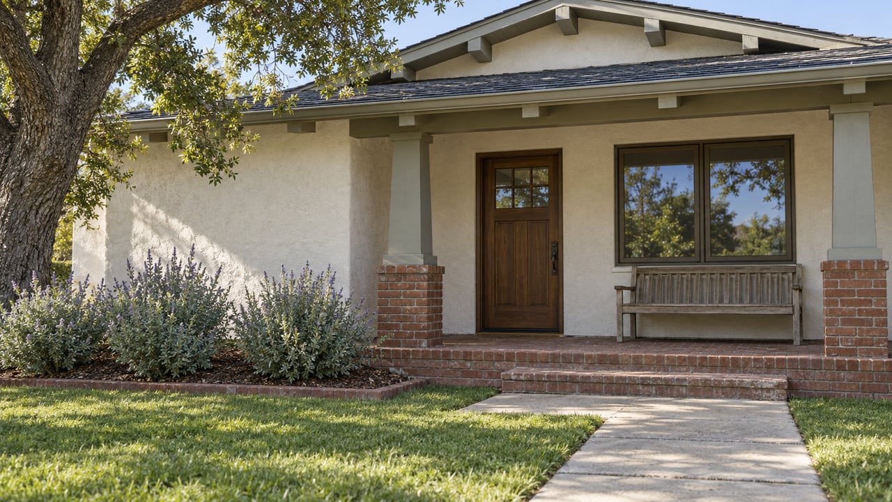 Sunlit white-stucco home with a shallow gabled porch, brick steps, bronze-framed windows and a planted front lawn.