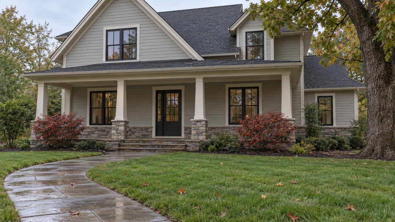 Two-story gray clapboard house with a deep porch, curving stone walk, and red-leaved shrubs.