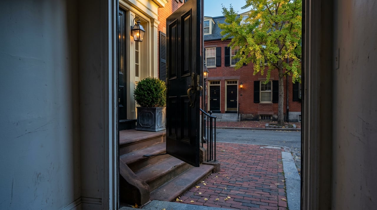Open black rowhouse door frames brownstone steps, a brick sidewalk, and a sunlit red-brick facade with a glowing lantern.