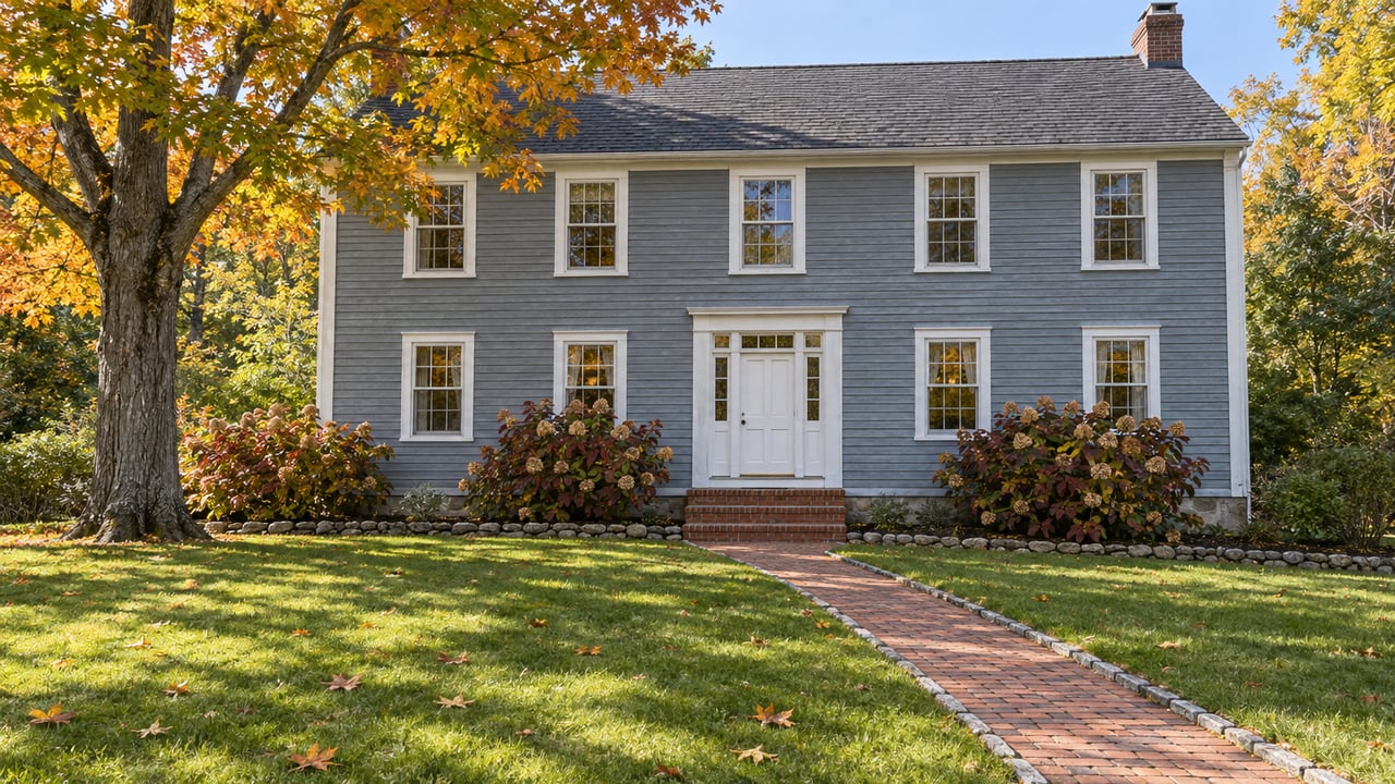 Blue-gray clapboard house beyond a broad autumn lawn, with brick entry steps and an orange-leaved sugar maple.