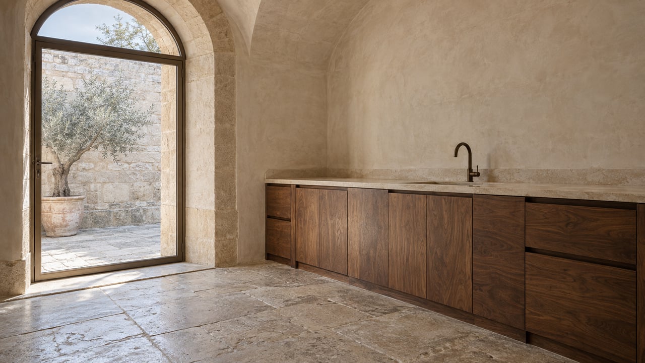 Soft daylight falls across a vaulted limestone-and-plaster kitchen with walnut cabinetry and a glazed arched door opening onto a stone courtyard.