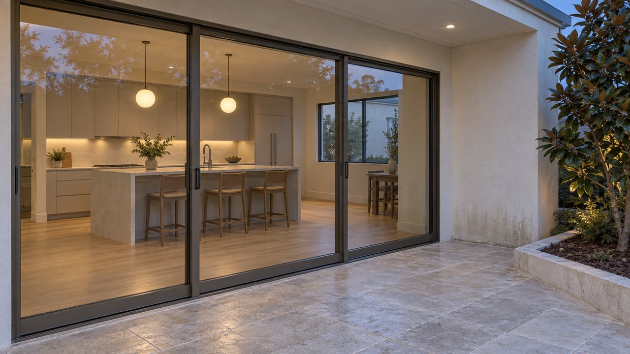 Covered limestone terrace at dusk beside bronze-framed glass doors opening visually onto a softly illuminated kitchen.