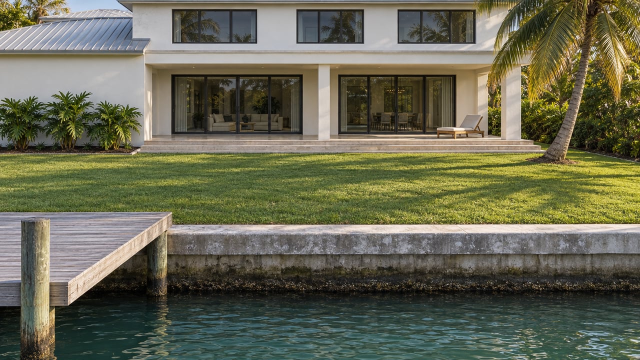 White waterfront home with closed bronze-framed sliders, a deep lawn, a coconut palm and a weathered timber dock beside green-blue water.