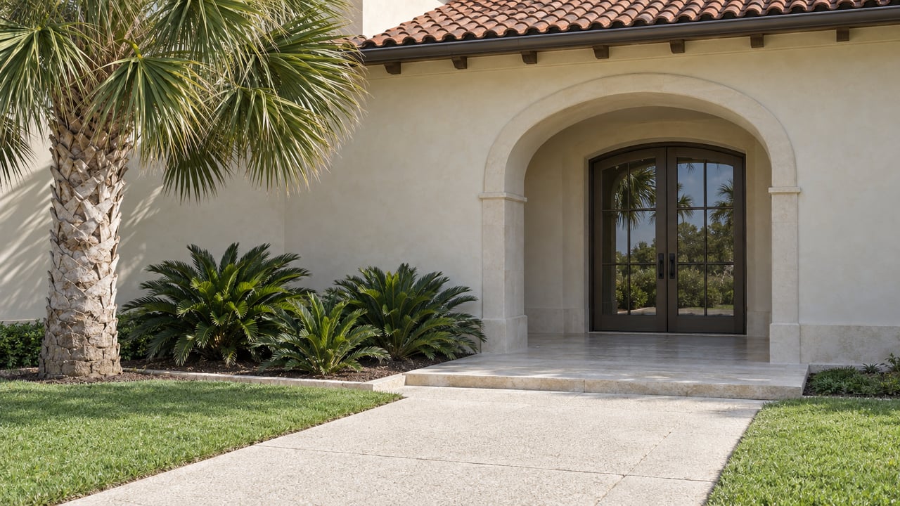 Resort clubhouse with a clay-tile roof, arched bronze-glazed entrance, palm, and shell-aggregate walkway.