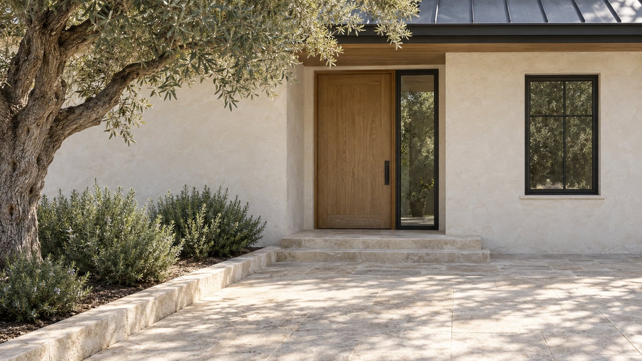 Limewashed stucco entry with an oak door, black-framed windows, limestone steps, and an olive tree.