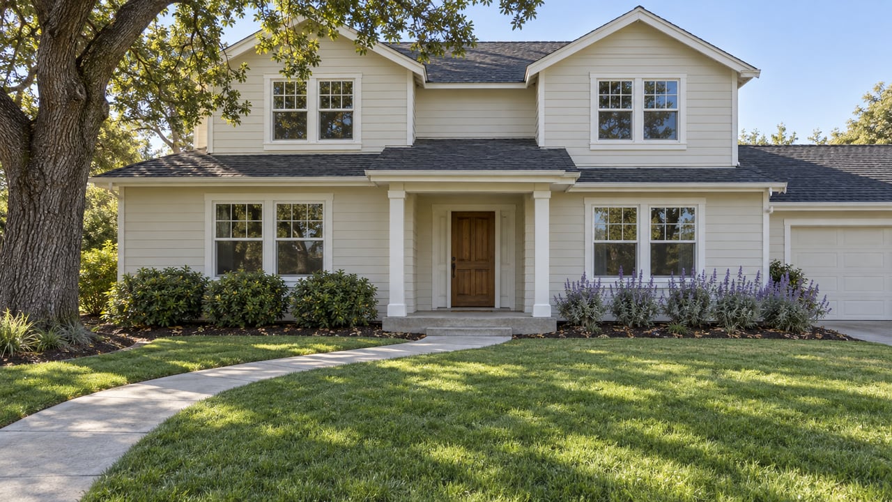 Cream-sided two-story home beyond a deep green lawn, with a curved concrete walk and mature oak.