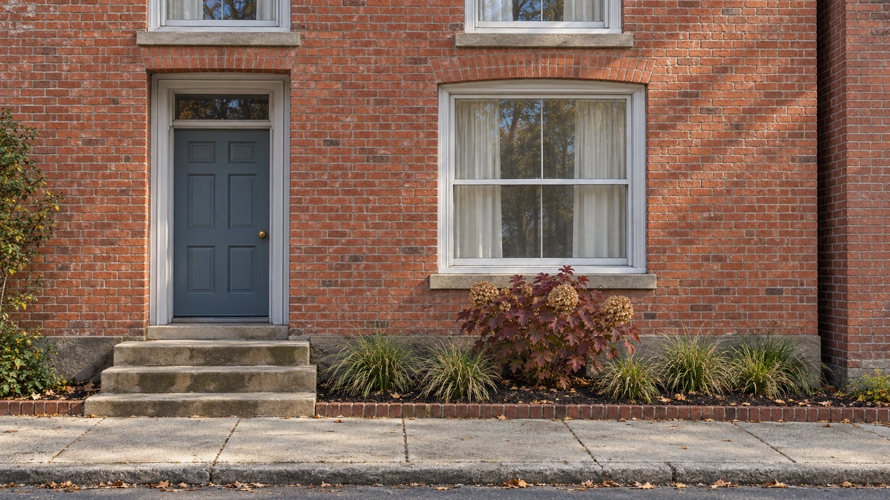 An attached red-brick home with white sash windows, a blue-gray front door, worn sandstone steps and burgundy oakleaf hydrangea beside the sidewalk.