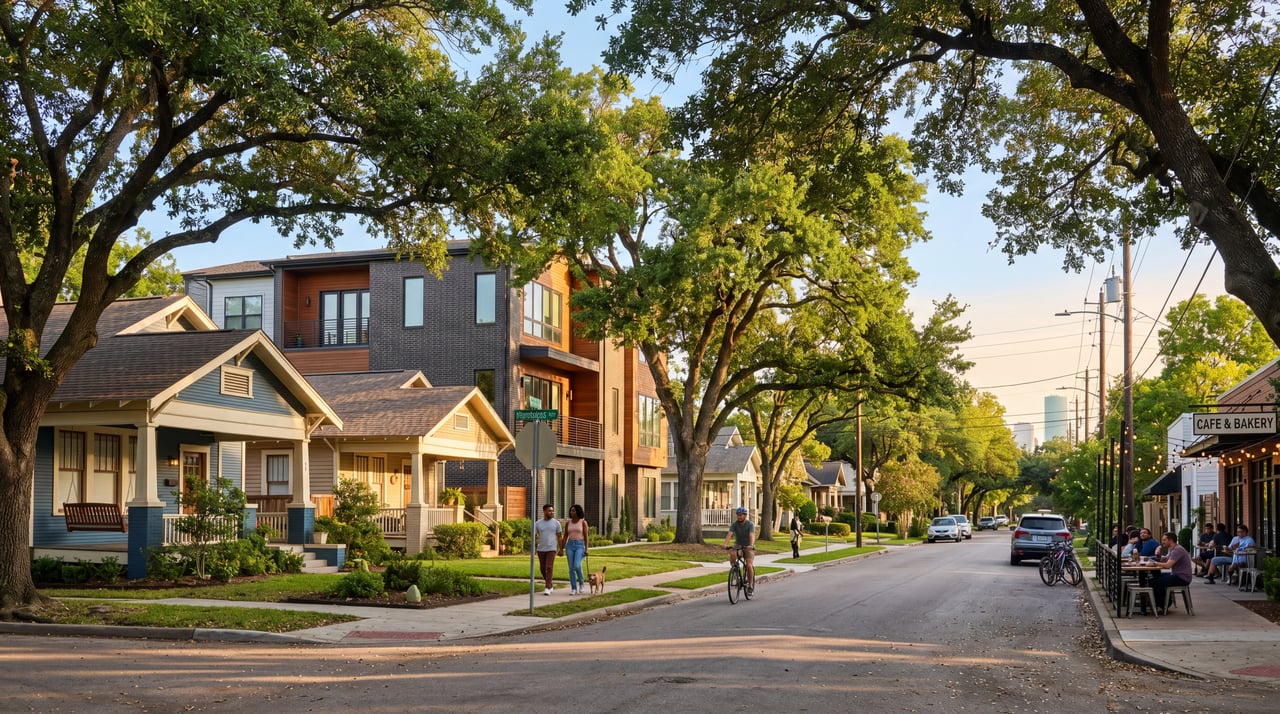 Tree-lined Montrose street with craftsman bungalows, a modern townhome, and a Cafe & Bakery with sidewalk seating