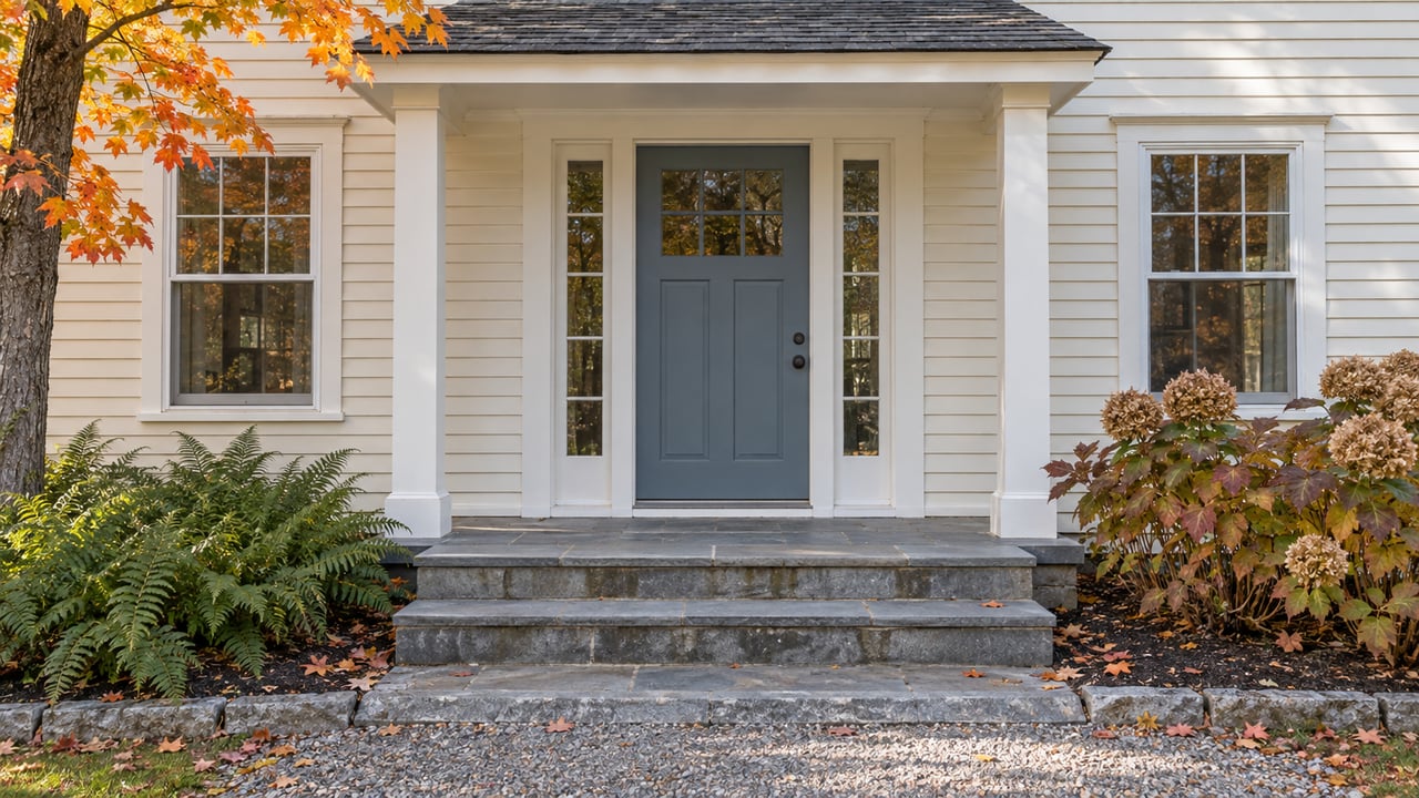 Ivory clapboard home with a blue front door, paired sidelights, bluestone porch steps, and autumn maple and oakleaf hydrangea foliage.