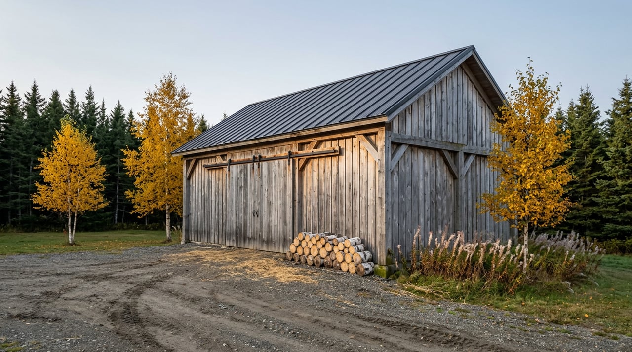 Weathered timber outbuilding with dark metal roof, gravel apron, golden birch trees, and spruce backdrop.