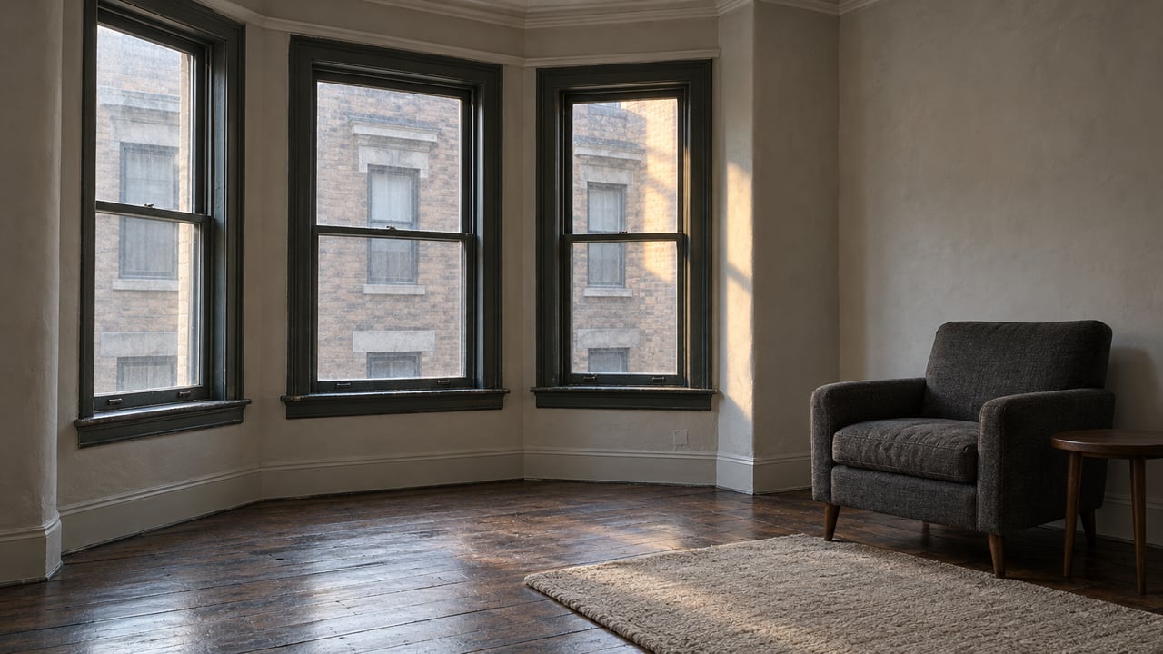 Morning light across worn oak floors and a three-window bay in a masonry apartment, with a charcoal armchair at right.