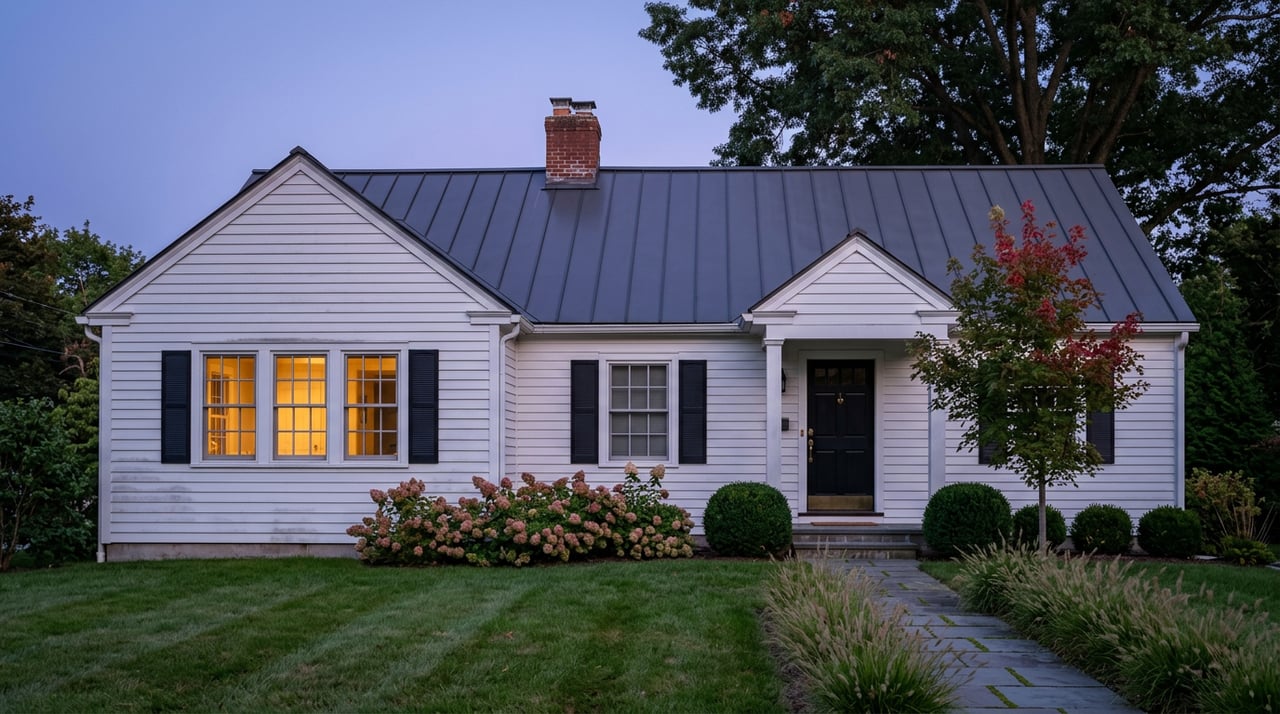 Two-story white clapboard colonial with a dark metal roof, brick chimney, warm window light, and a red maple by the walk.