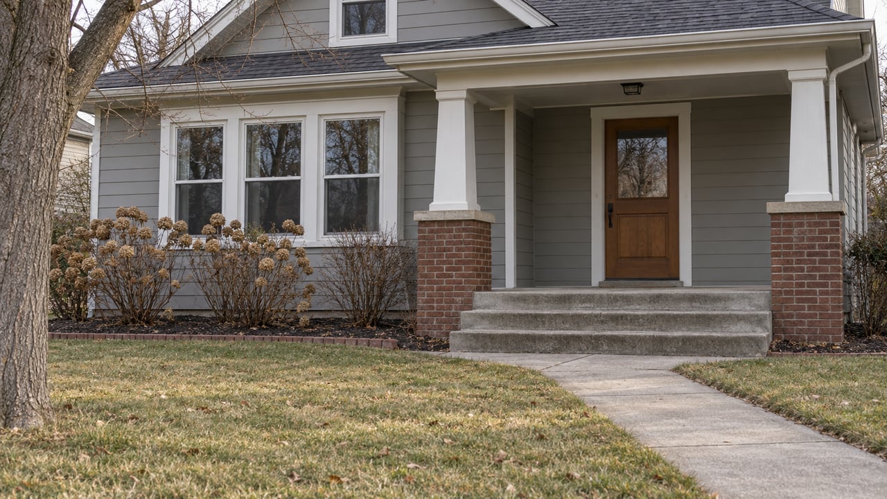 Gray-sided bungalow with a sheltered wood front door, brick porch piers, dormant lawn and dried hydrangea flowers in soft afternoon light.