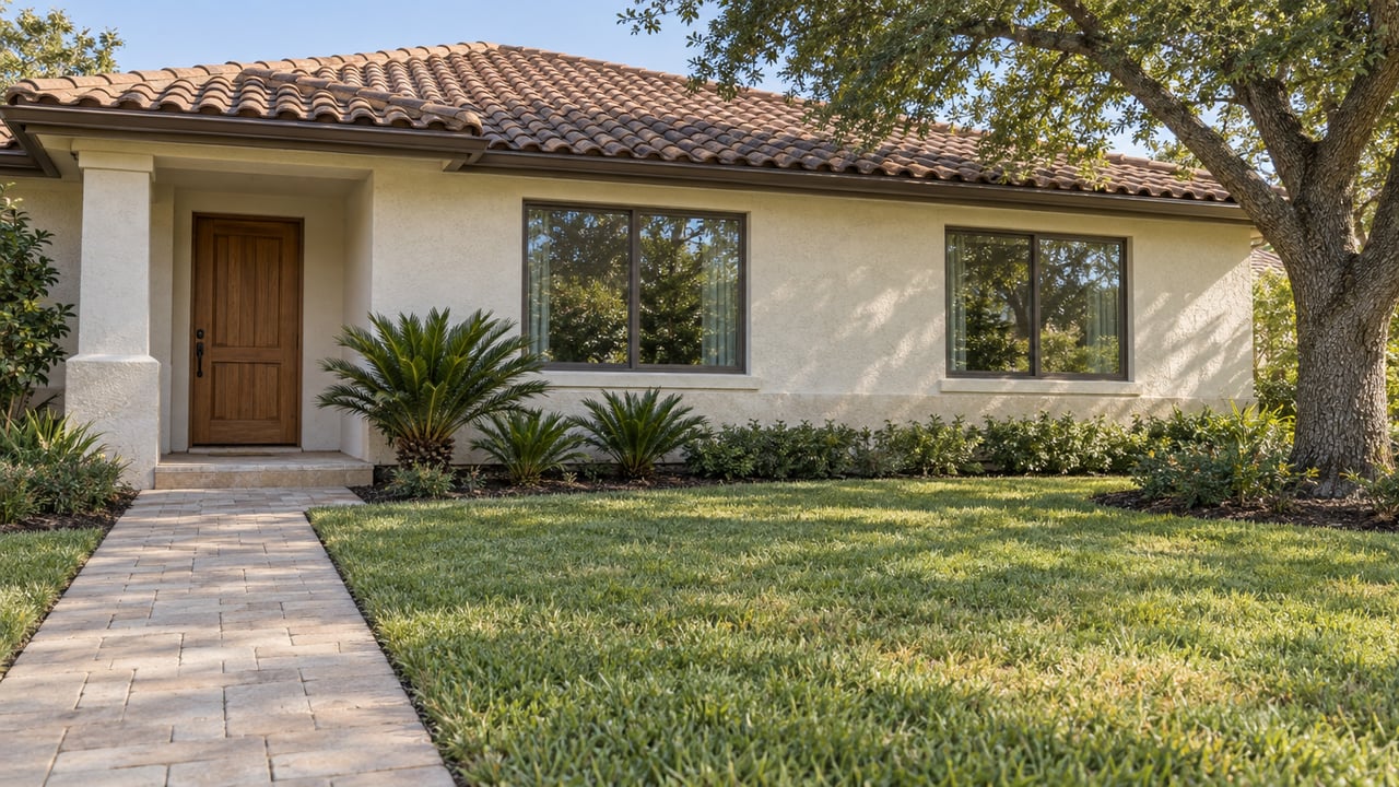 Stucco home with a tile roof, wooden front door, landscaped lawn, and paved walkway.