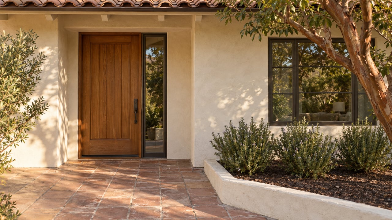 Cream stucco house with a recessed oak door, terracotta paving, and a peeling cinnamon-bark tree.