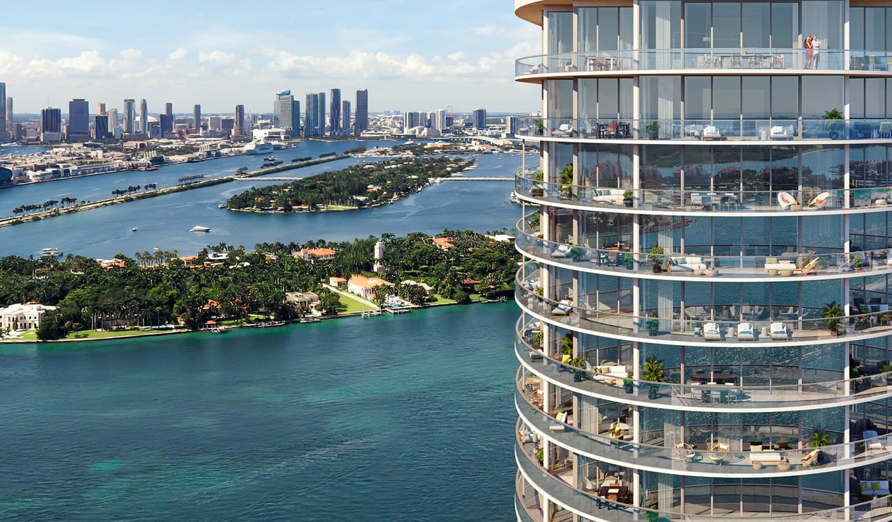 Tower and Biscayne Bay at Five Park in Miami Beach