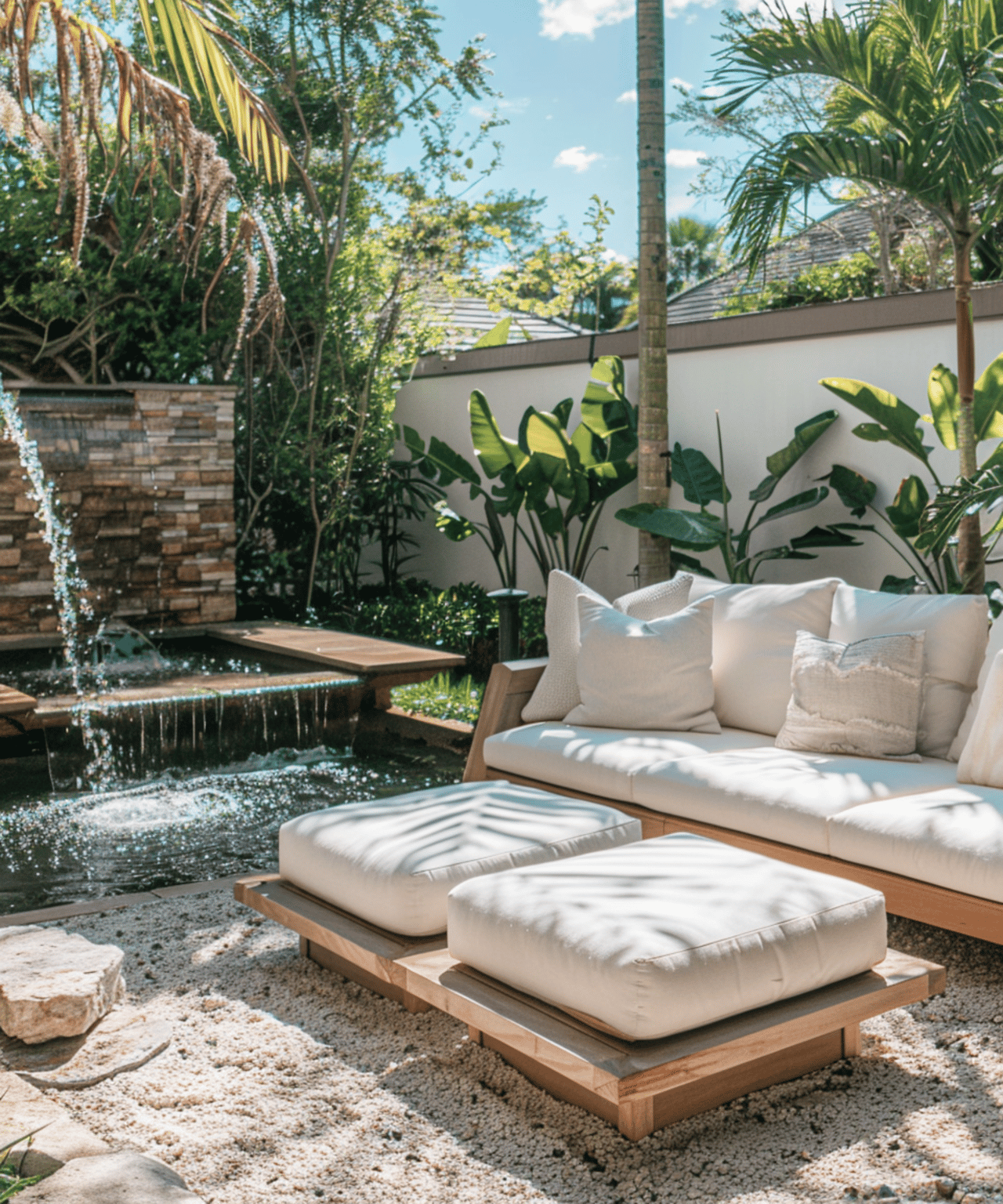 Tropical patio with white cushioned seating beside a tiered fountain and lush palms.