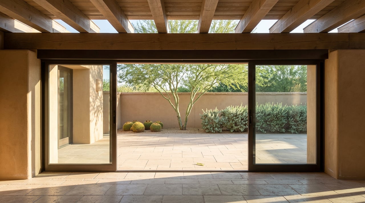 Exposed timber beams frame an open sliding door, stone terrace, palo verde tree, and desert garden wall.