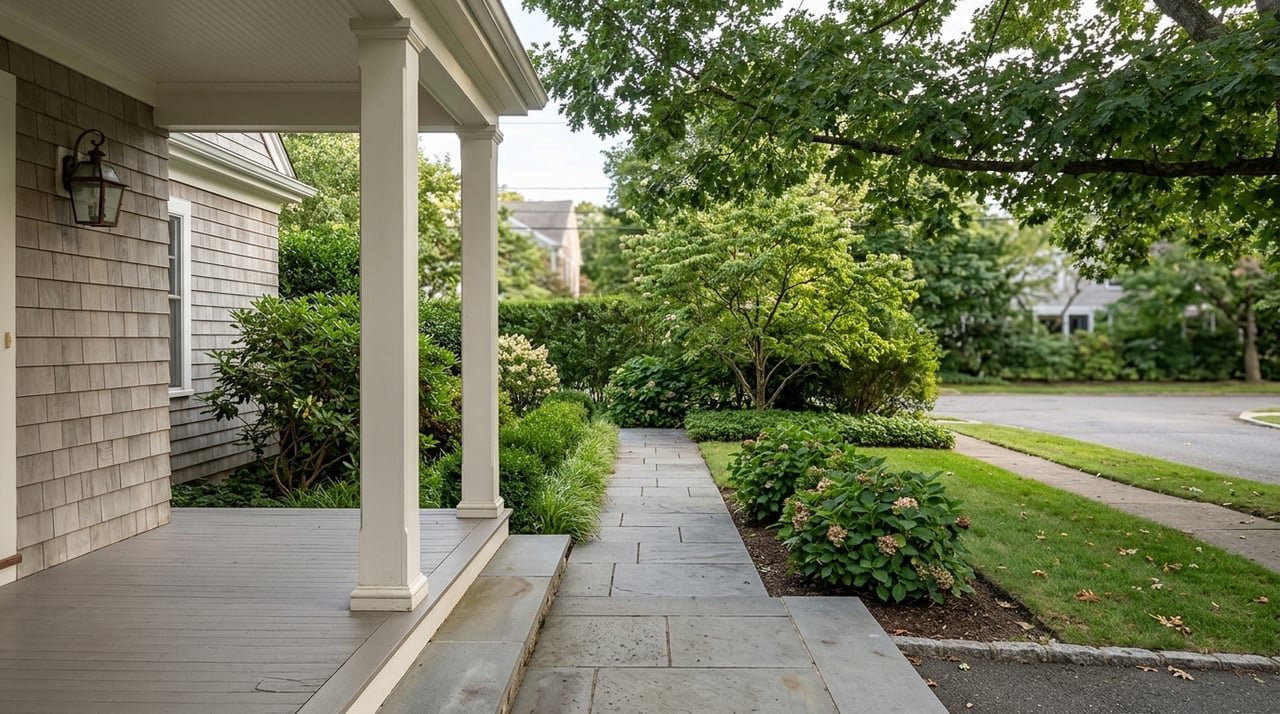 A covered front porch frames an approach walk with architecture and planting.