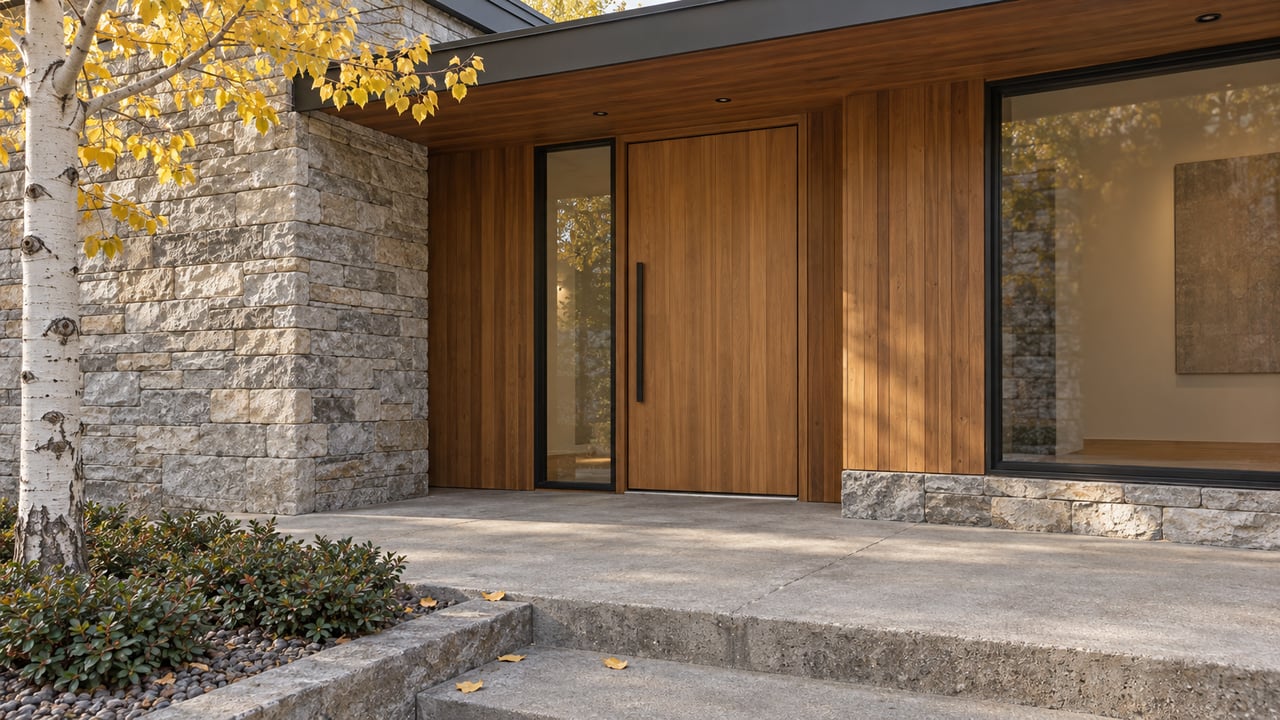 Autumn light on a cedar-and-stone home entrance with a broad concrete landing and yellow aspen leaves.