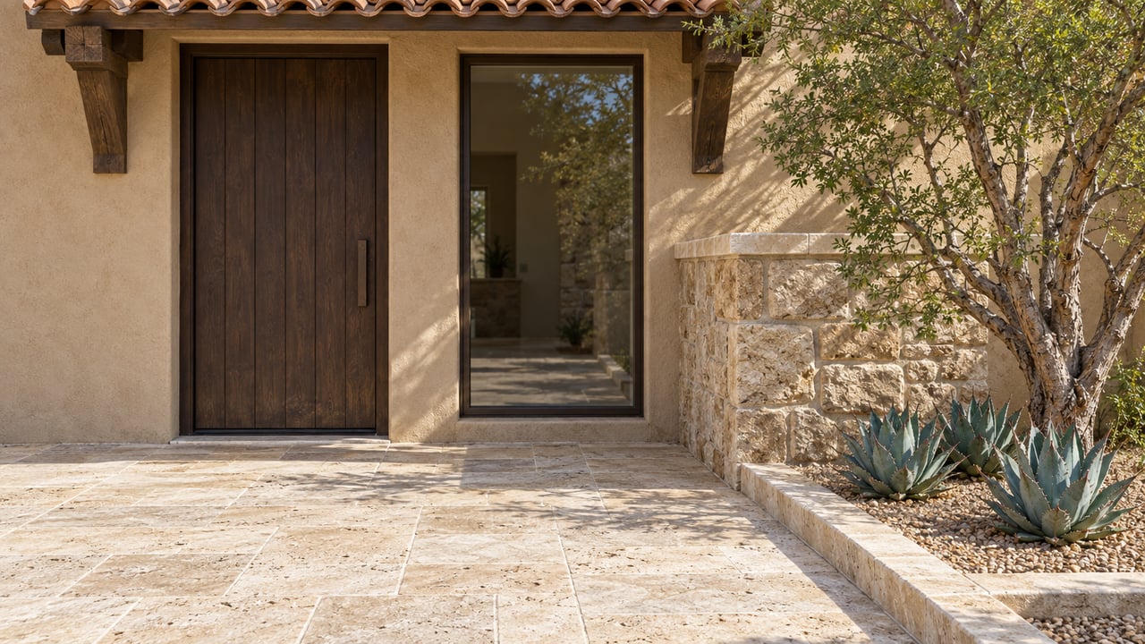 Sunlit travertine entry terrace beside sand-colored stucco, a timber door and sculptural desert planting.