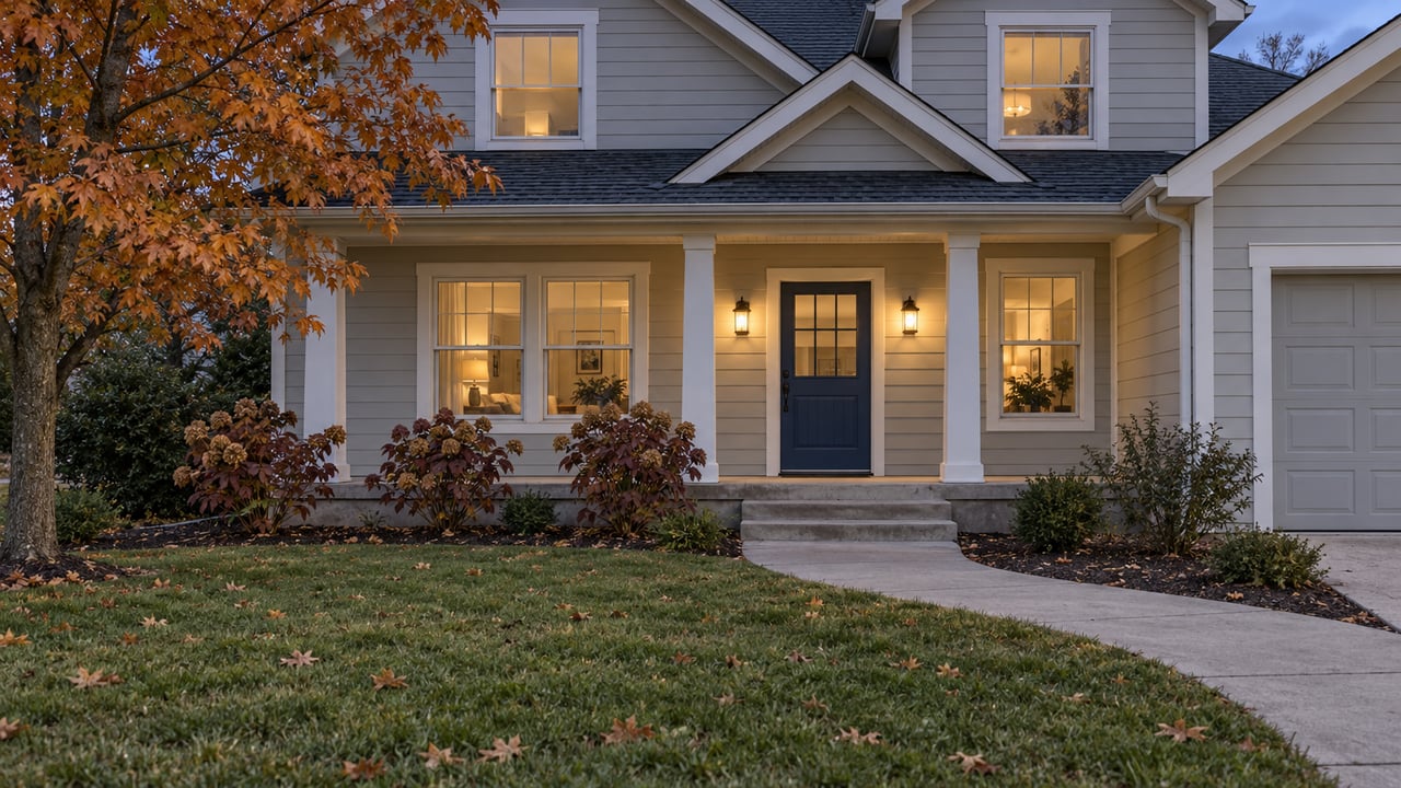 A gray two-story home with a warmly lit front porch, autumn maple leaves and a concrete walk across a broad lawn at dusk.