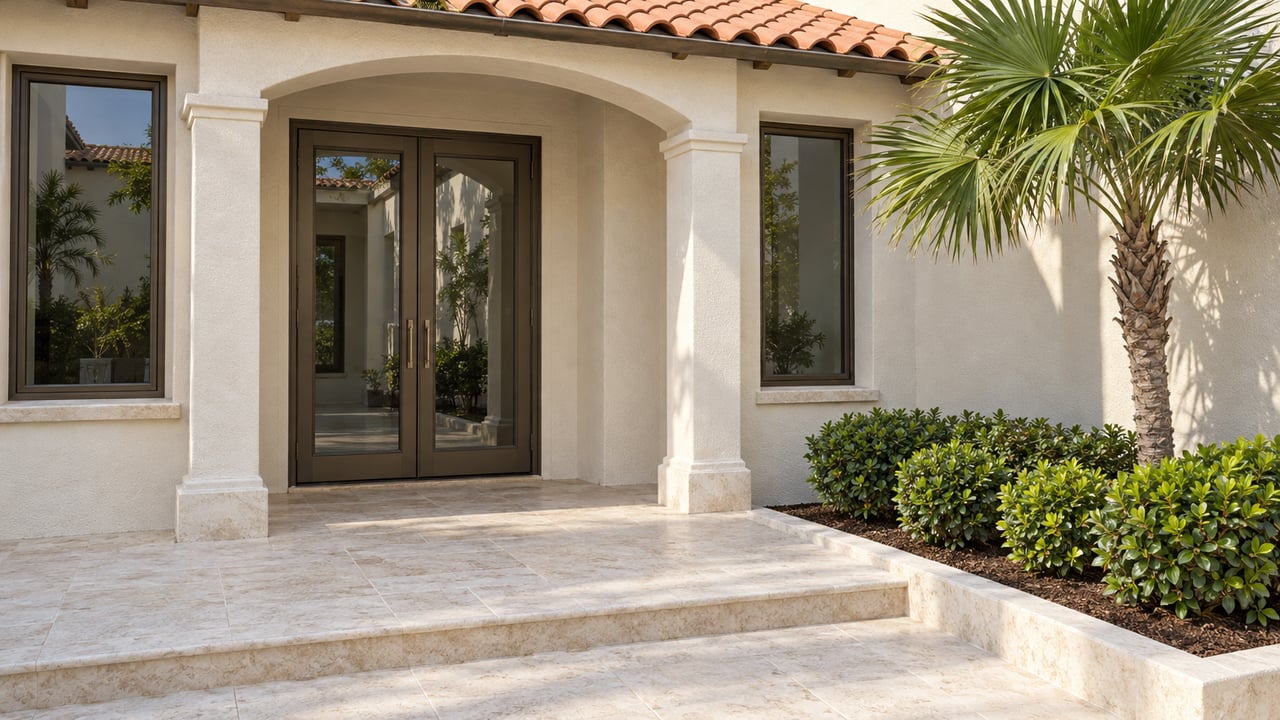 Cream stucco residence with a shaded arched entry, bronze-framed glazed doors, terracotta roof tiles and a limestone terrace beside a fan palm.