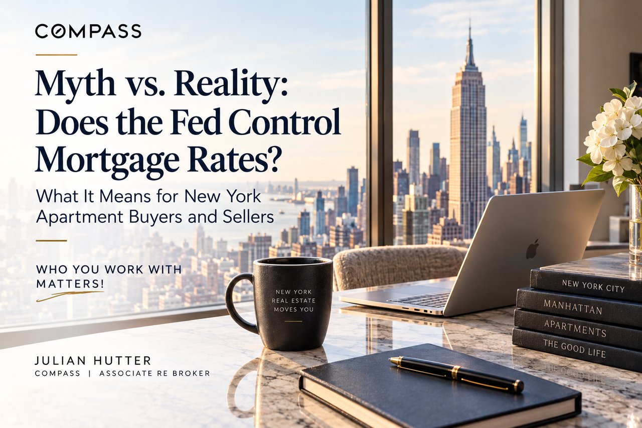 Mortgage-rate article graphic with a Manhattan skyline, laptop, coffee mug, and headline.