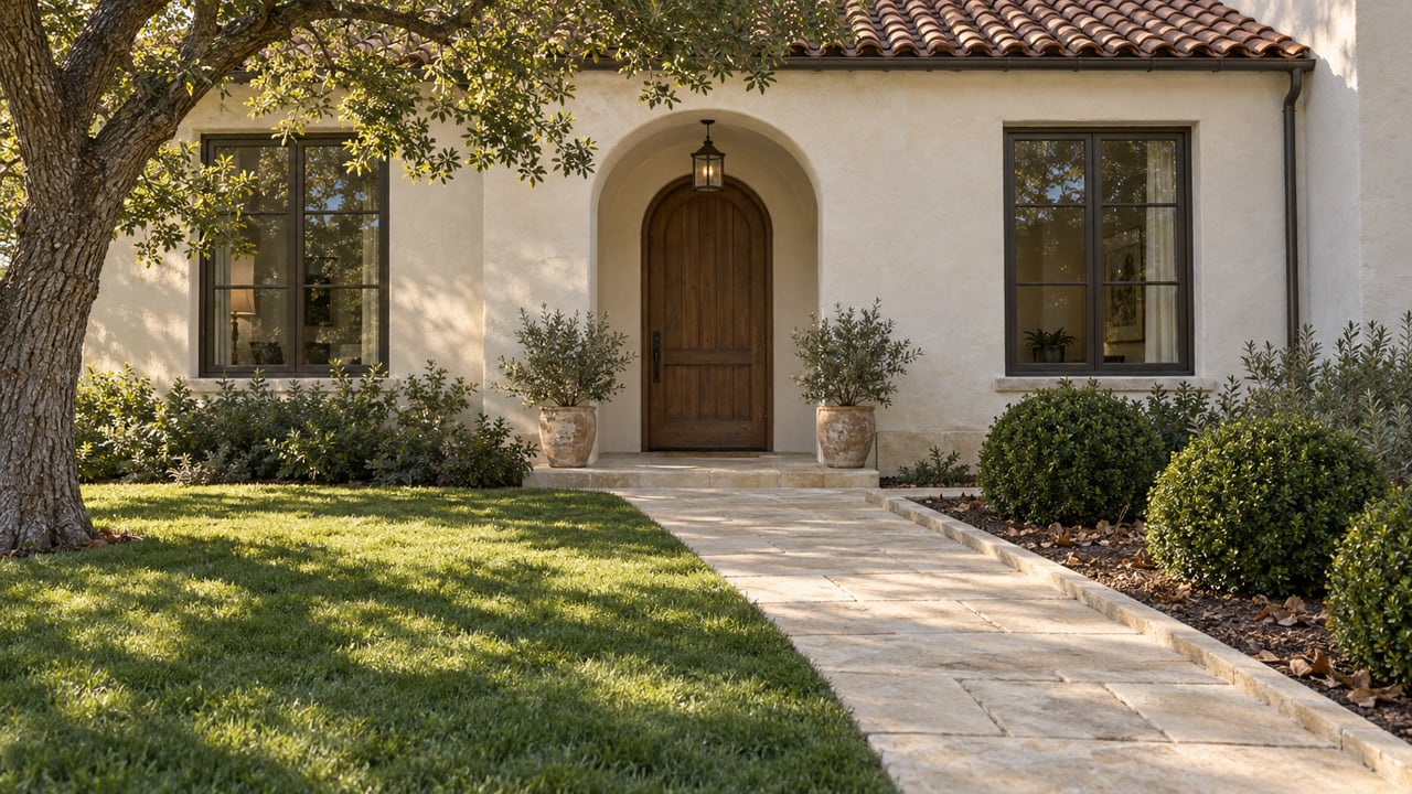 An arched oak front door and paired windows in a pale stucco home, approached by a limestone walk beside lawn, clipped boxwood and a mature oak.
