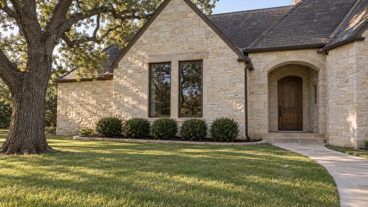 Limestone home with a steep slate roof, recessed oak entry and paired bronze windows beyond a broad lawn and curved stone walk.