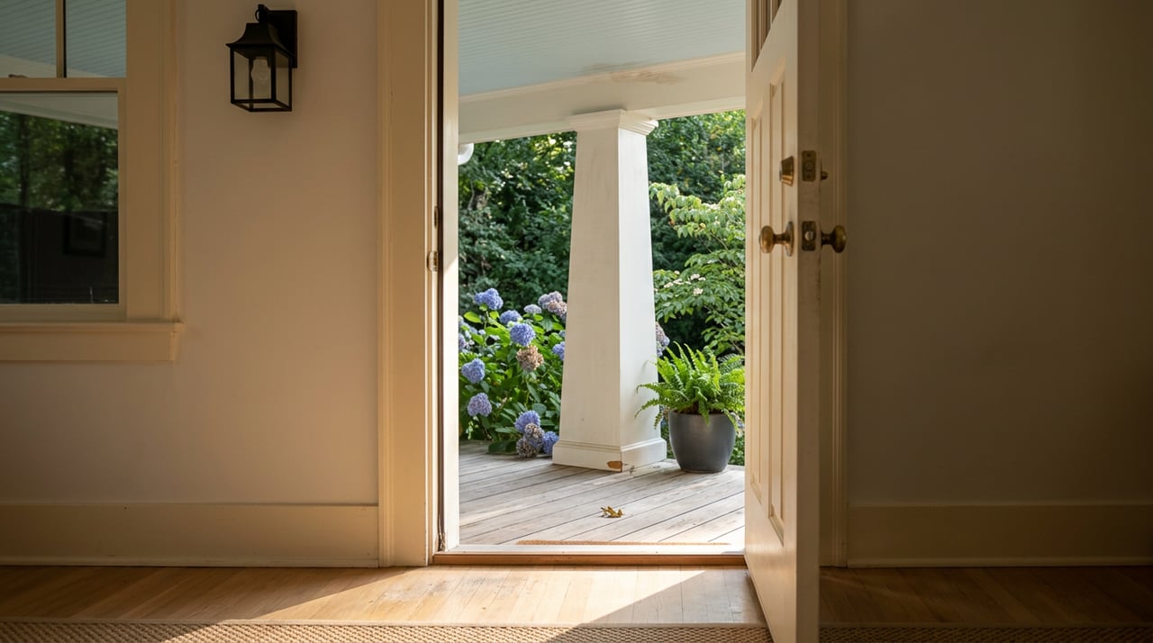 Open bungalow doorway overlooking a porch with a white column, blue ceiling, potted fern, and blue-violet hydrangeas.