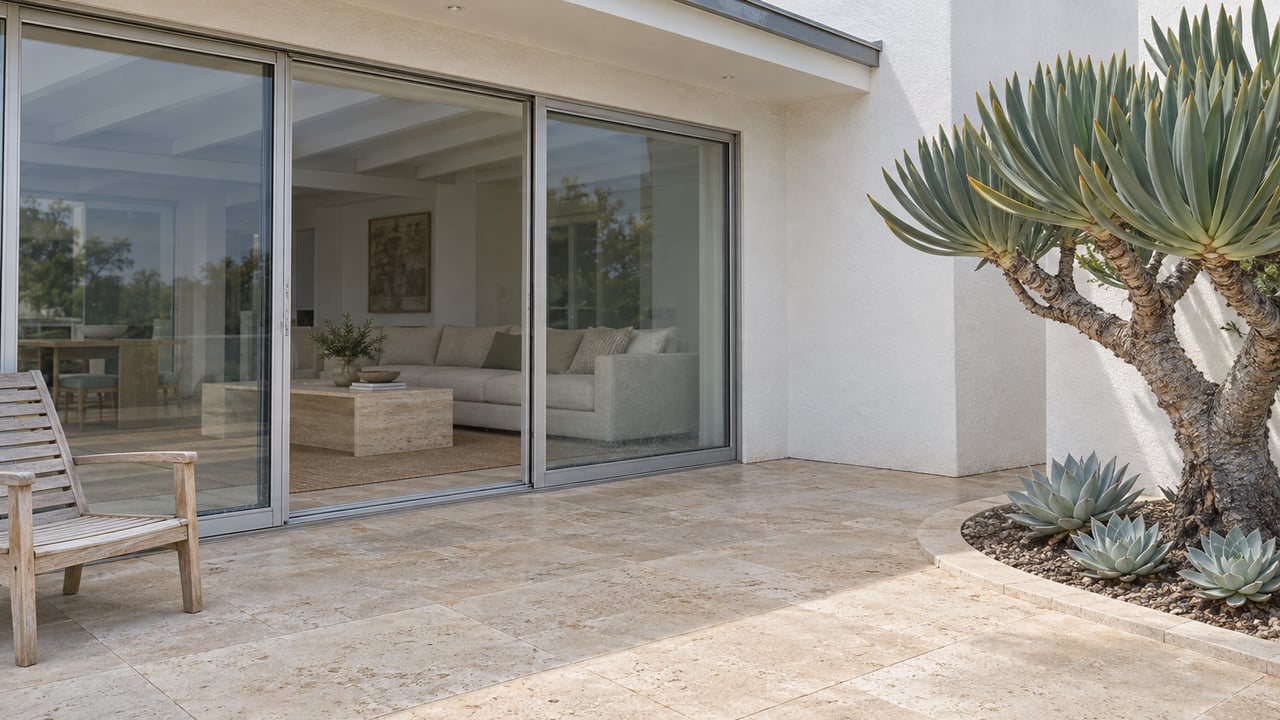 Sunlit limestone terrace beside white stucco and closed sliding glass doors, with a teak lounge chair and sculptural fan aloe.